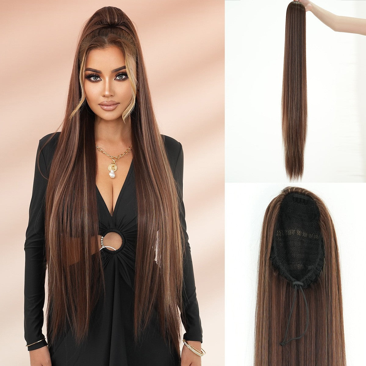 Extra Long Straight Ponytail Wig- highlighted Warm Brown