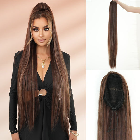 Extra Long Straight Ponytail Wig- highlighted Warm Brown