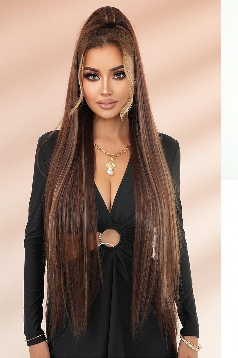 Extra Long Straight Ponytail Wig- highlighted Warm Brown