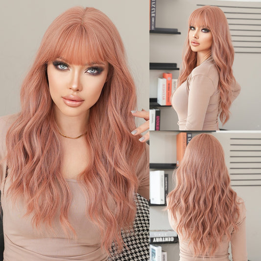 Pink Brown Long Wavy Fringe Wig