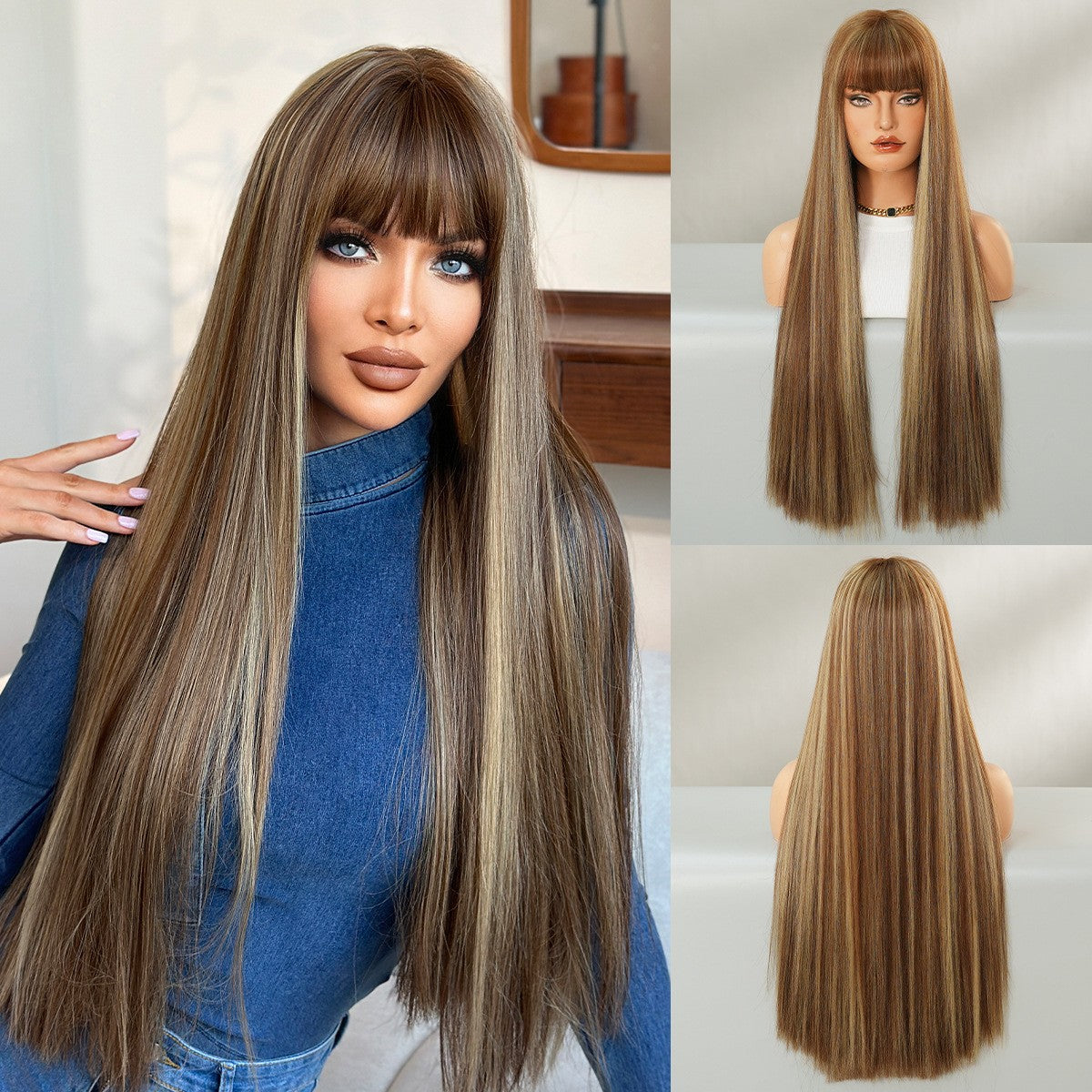 Extra Long Blunt Straight Wig- Brown with highlights