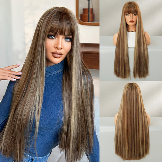 Extra Long Blunt Straight Wig- Brown with highlights