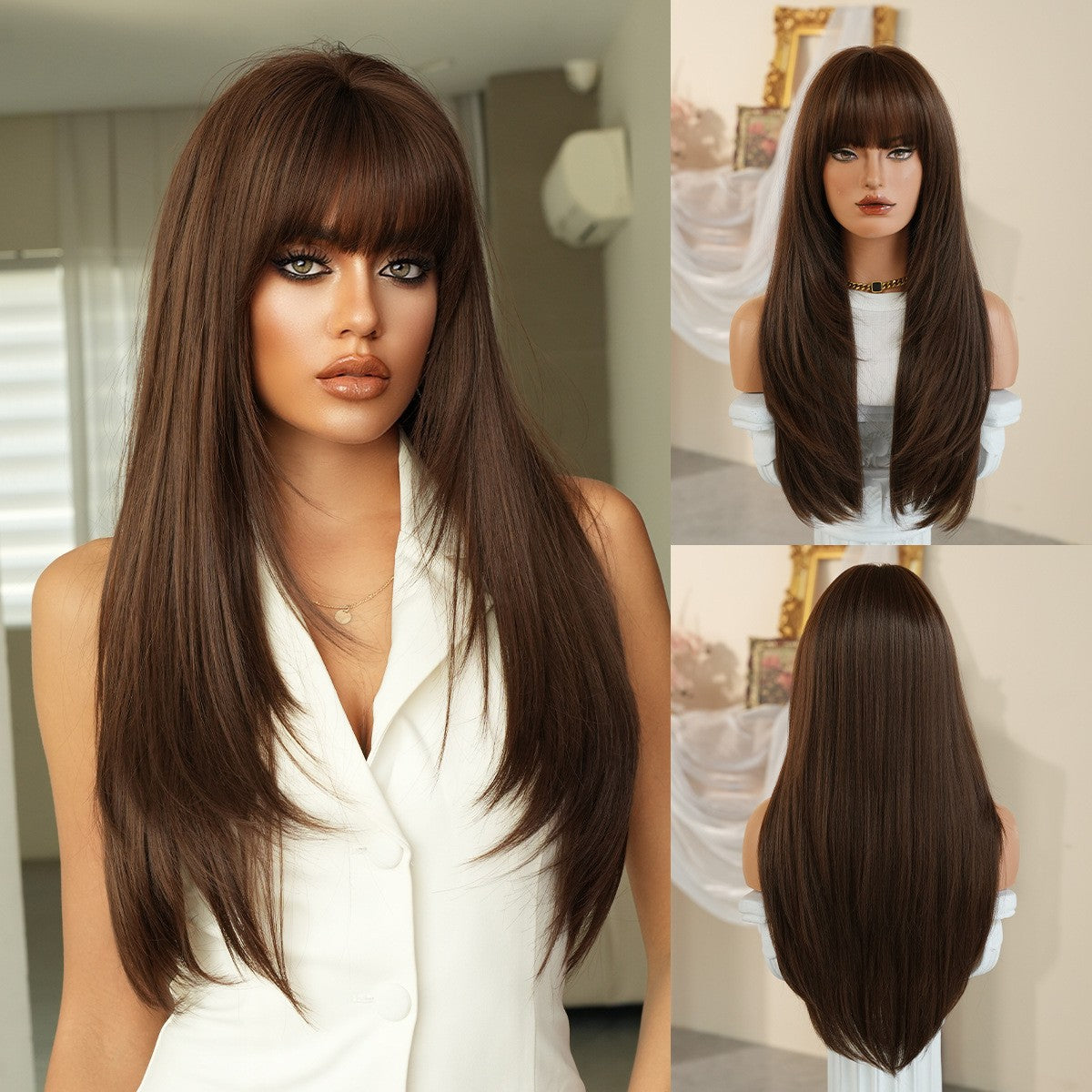 Layered Long Straight Wig - Brown